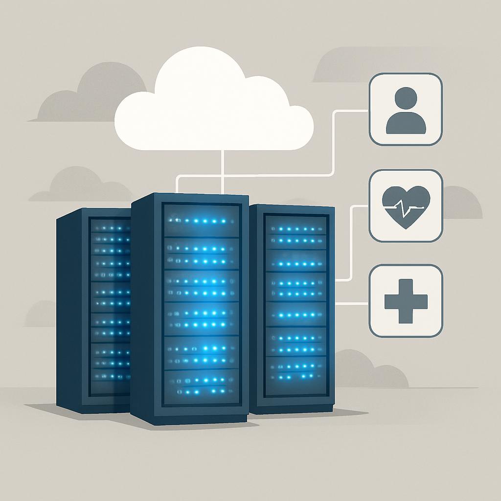 An illustration of three servers connected to the cloud with three health-related icons.