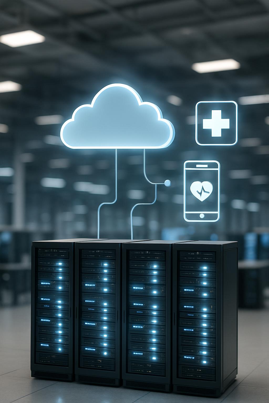 Cloud computing with rows of servers, a cloud symbol, and healthcare icons.