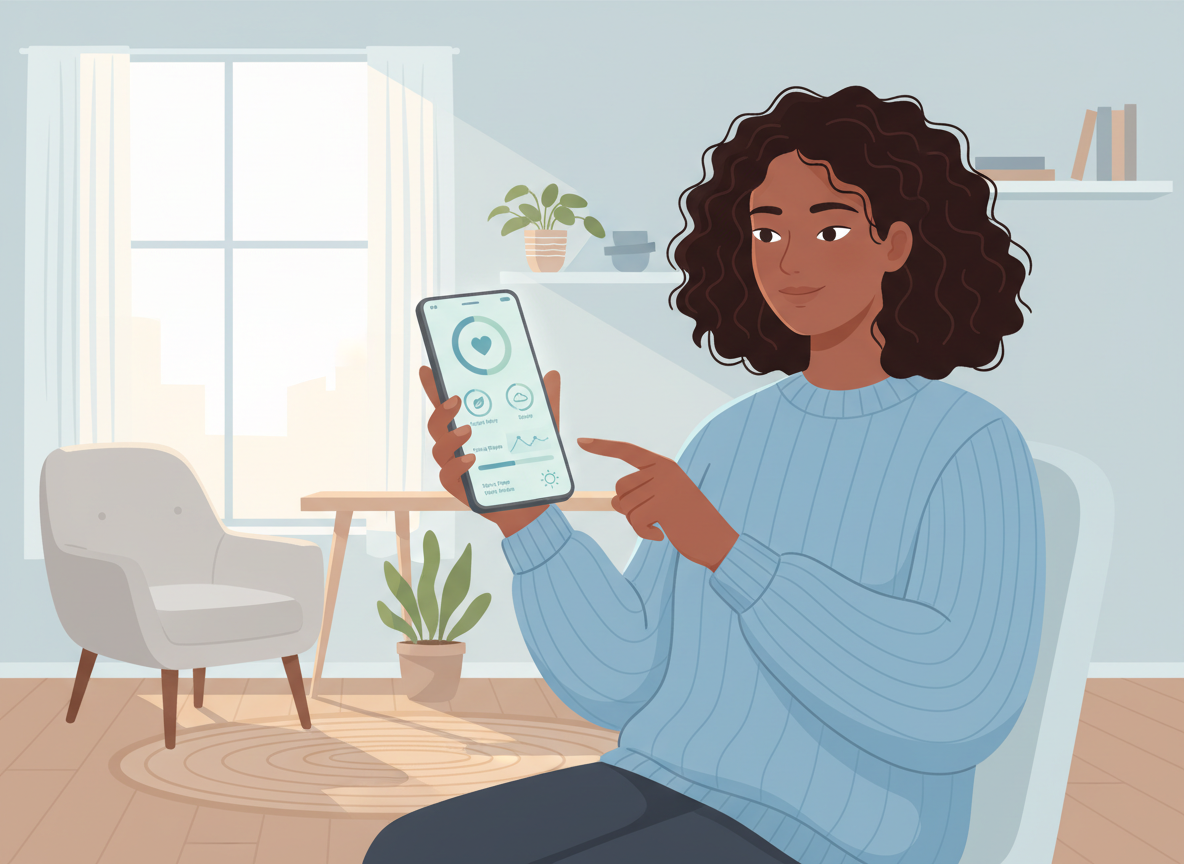 A modern, clean digital illustration showing a diverse young professional woman using a sleek mobile health app on her smartphone in a bright, comfortable home office setting. The screen displays a personal health dashboard with vitals and wellness metrics. Warm natural lighting, soft pastel colors (blues and greens), minimalist Scandinavian-inspired interior with plants. The overall mood is calm, empowered, and proactive about personal health. 4K quality, modern flat illustration style with subtle gradients, no text or logos, suitable for a healthcare technology website.