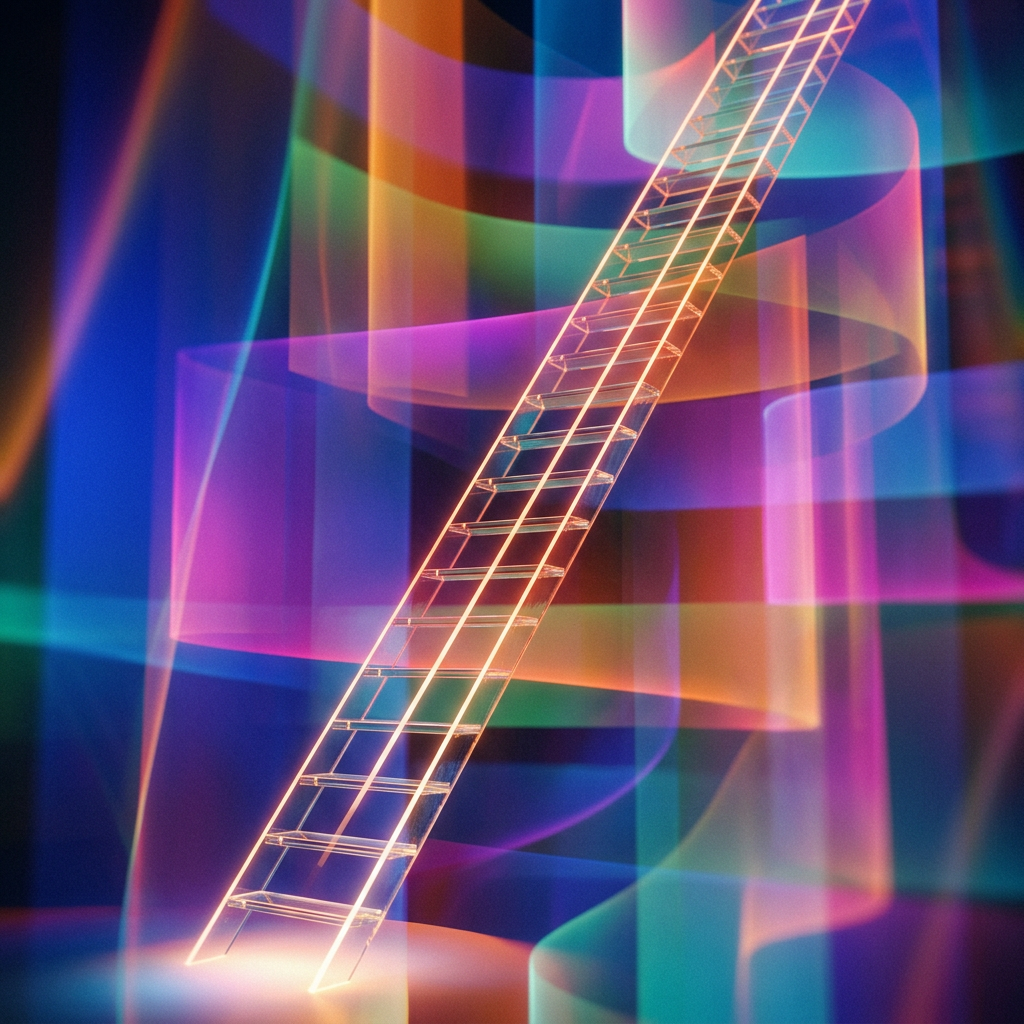 Transparent ladder glowing with neon light among colorful swirling ribbons