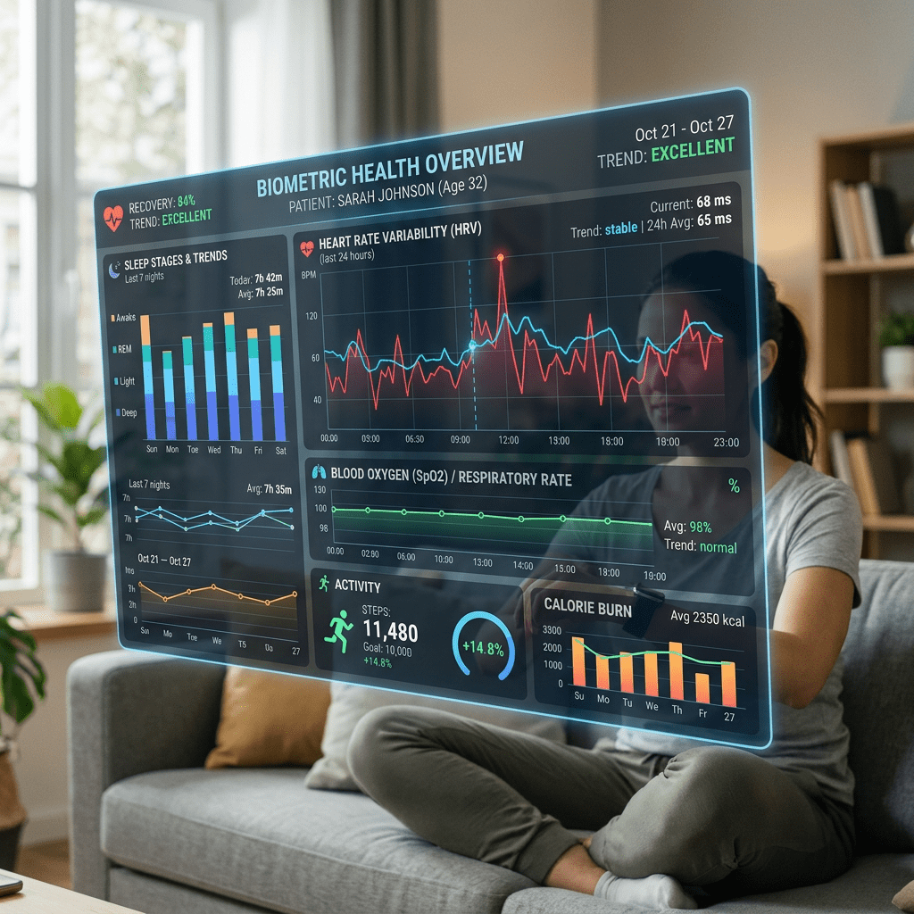 Biometric health dashboard showing sleep stages, heart rate variability, blood oxygen, activity steps, and calorie burn data.