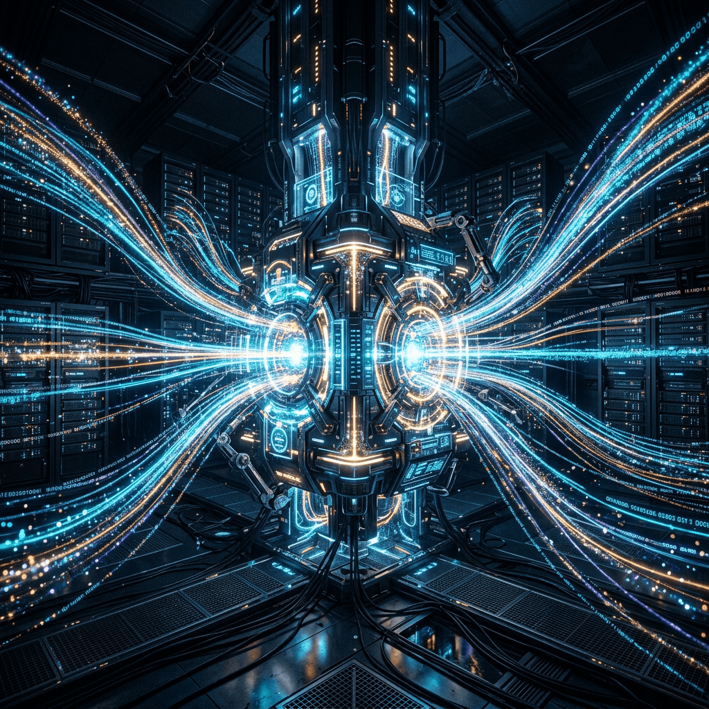 Futuristic machine emitting glowing blue and orange energy streams in a data center