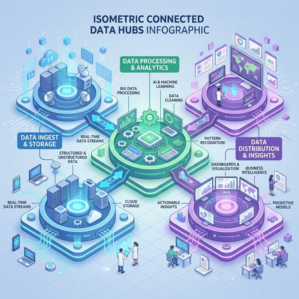 Isometric infographic showing data ingest and storage, data processing and analytics, and data distribution and insights